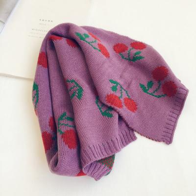 China Keeping Warm Purple Scarf With Red Jacquard Pattern Cherry Scarf Baby Kids Cheap Knit Scarf for sale