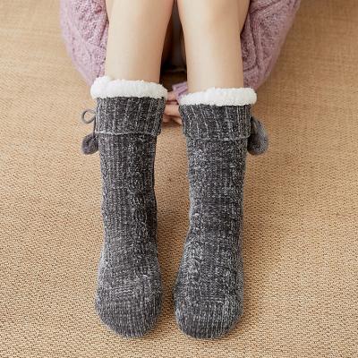 China Chenille Socks Plush Striped Chenille Socks Pom Pom Slipper Socks Cable Knit for sale