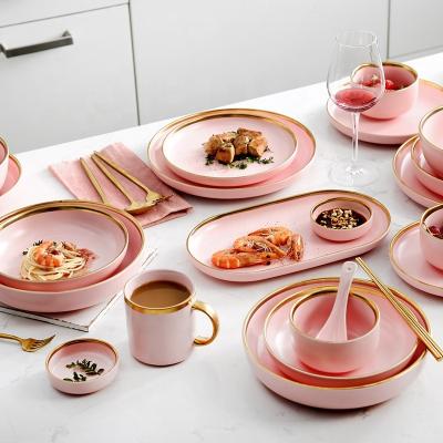 China Sustainable Pink Phnom Penh Ceramic Tableware Gold Plated Tableware Series Lightweight Luxury Dinnerware Set for sale