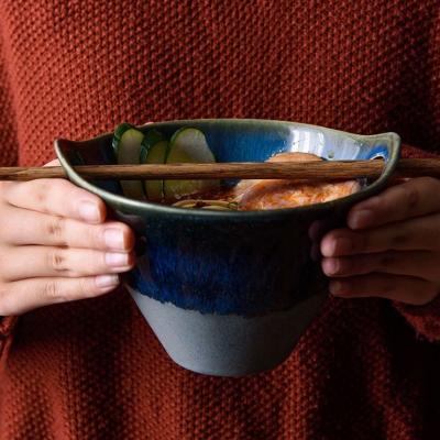 China Deep Glazed Ceramic Salad Ramen Bowl Viable Retro Japanese Blue Noodles Soup for sale