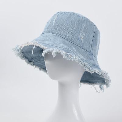 China Character spring summer outdoor sunshade hat vintage ripped washed unisex fringed couples denim bucket hat for women for sale