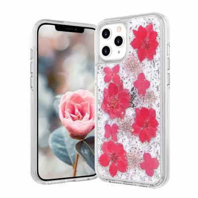 China Luxury Glitter Anti-drop Case Dried Flower Natural Goods Shockproof Case For iPhone 12 Pro MAX Soft TPU Pressed Aluminum Cover for sale