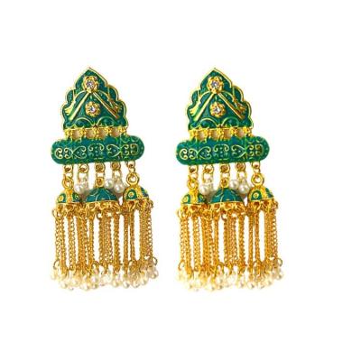 China BOHEMIA Bollywood Wedding Bridal Gold Plated Faux Pearl Around Bell Long Tassel Jhumka Crystal Kundan Dangle Earrings Jewelry for sale