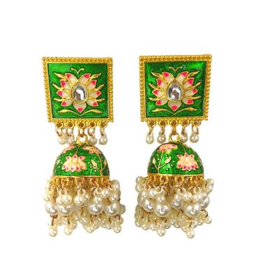 China Fashion Ethnic Kundan Jewelry BOHEMIA Faux Pearl Oil Drop Earrings Indian Meenakari bollywood enamel jhumki dangle earrings for sale