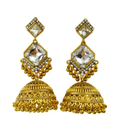 China Large Ethnic Dangle Ethnic Oxidized Jewelry Crystal Rhinestone Earrings Indian Bollywood Jhumki Jhumka Golden Bell Earrings for sale