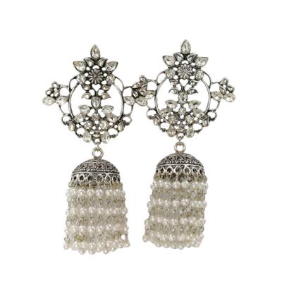 China Ethnic Crystal Rhinestone Flower Hollow-out Cutout Earrings Drop Dangle Bell Earrings Beading Chain Earrings for sale