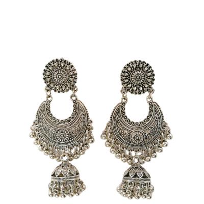 China Ethnic Classic Ethnic Silver Flower Cut Out Earrings Drop To Dangle Indian Gypsy Bollywood Bell Earrings Boho Jhumki Jhumka for sale