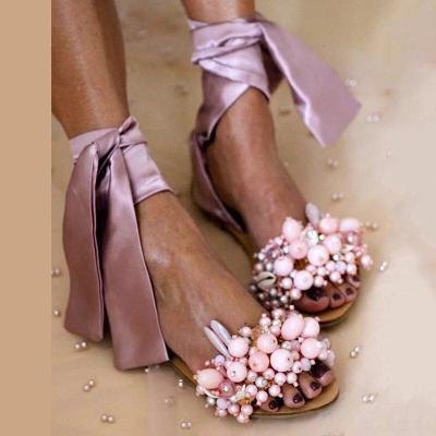 China Fashion Trend Fashion Design Beaded Shoes Bohemian Women Beach Summer Beach Casual Rhinestone Pearl Beading Flat Sandals for sale