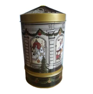 China Food Around Christmas Music Tin Cans Gift Packing Spinning Top Metal Box Carousel Music Tin Musical Tin Box for sale