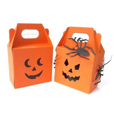 China Handmade Bright Orange Halloween Package Boxes For Candies With Handle Candy Box Custom Cake Style for sale