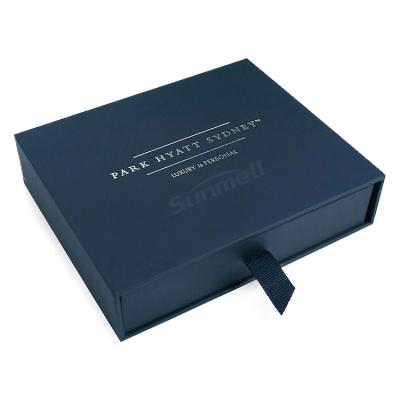 China Handmade Luxury Dark Blue Cardboard Box For Clothes Drawer Apparel Packaging Box With Custom Logo for sale