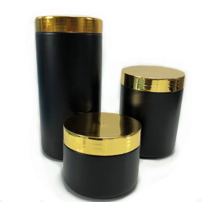 China Customized Various Sizes Black Plastic Wide Mouth Powder Canister With Gold Lid for sale