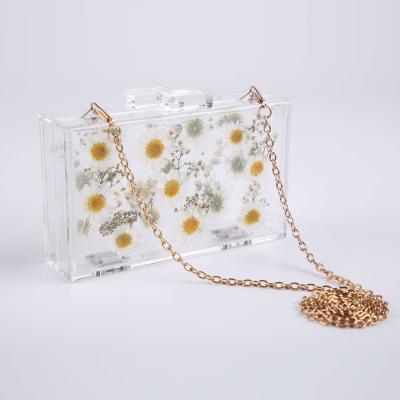 China Hot Selling Ladies Handbag Daily Clear Cosmetic Acrylic Clutch Purse Transparent Flower Bag for sale