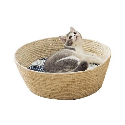 China Circular Pet Villa Cat Litter House Dog Bed Woven Pet Cat Litter Natural Corn Husk Hand Wash Household Dog House for sale