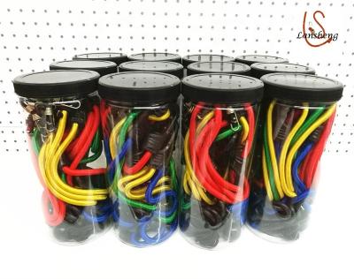 China Exterior is PP; inside is 50% rubber and 50% latex quality 24pcs bungee cord assortment low price guaranteed bungee cord with plastic pot for sale