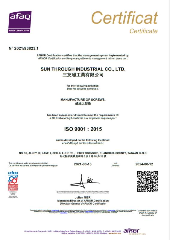 ISO9001 - SUN THROUGH INDUSTRIAL CO., LTD.