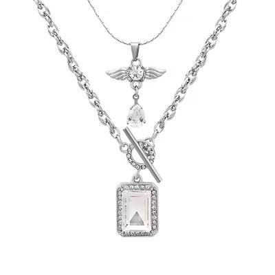 China TRENDY 18K Stainless Steel Necklace Jewelry Fashion Simple Design Silver Plated Square Inlaid Zircon Personalized Double-Layer Necklace for sale