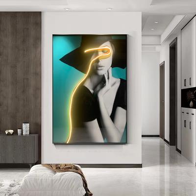 China Wall Decor JZ Morden Living Room Wall Decoration Illuminated Portrait Painting Canvas Print Women Picture With Led Lights for sale