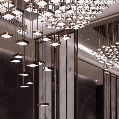 China Modern Hotel Restaurant Wave Shaped Acrylic Square Light Box Smart Lifting Chandelier Custom Lamps for sale