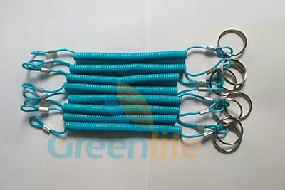 China Beautiful Custom Blue Plastic Coil Safety Strap with Key Ring and Loop Size 2.5x10x120mm for sale