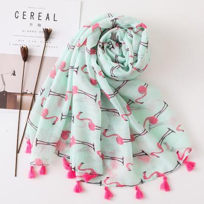 China Wholesale 2018 latest dupatta polyester indian fashion scarf soft lightweight flamingos print large tassel scarf for sale