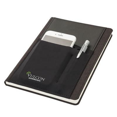 China A5 hardcover book PU cover notebook with phone pocket on the cover for sale