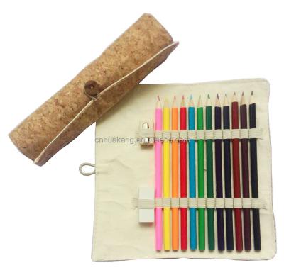 China Cork and Cotton Fabric 12 Pencil Coloring Set Packed by Cork Fabric with Eraser, Sharpener for sale