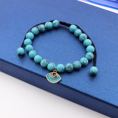 China 8MM Handwoven Evil Eye Blue Bohemian Dangling Women's Beaded Bracelet Simple Turquoise Beads for sale