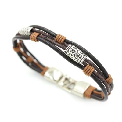 China Restoring Antique Ways European and American Leather Bracelet Custom Made Leather Bracelet Double-Color Winding Leather Bracelet Beads Alloy String American Manufacturers for sale