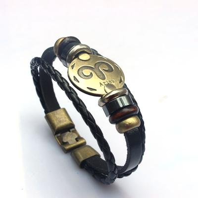 China Men's Brand 12 Antique Leather Black Sign Antique Copper Alloy Classic Restoration Ways Stars Genuine Leather Bracelet Handmad for sale