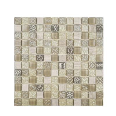 China Wear Resistant Yellow 300x300mm Kitchen Mosaic Tiles Onyx Chips Patterns Glass Wall Backsplash for sale