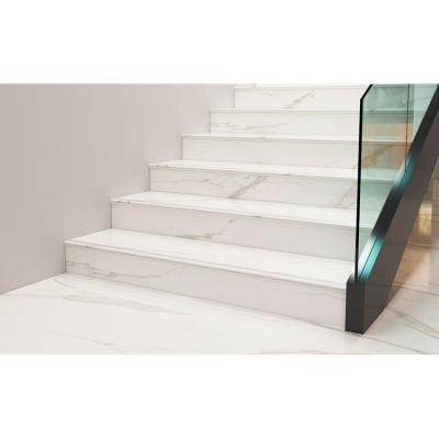 China Rustic Tiles High Body Glossy Full Body Foshan Carrara Marble Look Floor Stairs Step White Ceramic Tiles Porcelain Carrara Step Tiles for sale