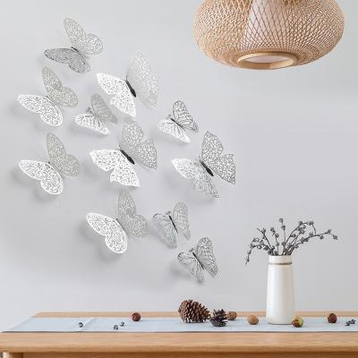 China WALL STICKER Silver Self Adhesive 3D Paper Hollow Out Butterfly Wall Art Decoration for sale