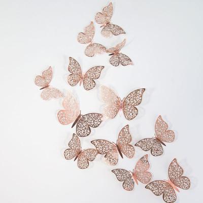 China WALL STICKER Beautiful Rose Gold 3D Self Adhesive Paper Butterfly Wall Decor Hollowed Out Butterfly for sale