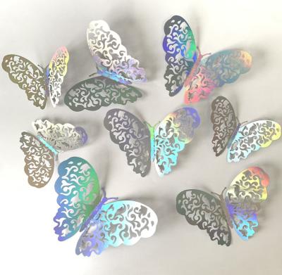 China WALL STICKER 3D laser holographic color paper butterfly hollow wall sticker for holiday decoration for sale