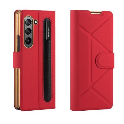 China QuanDe Full Coverage Shockproof Cases With Tempered Glass Flip PU Leather Case With Pen Slots Holder For Samsung Galaxy Z Fold 5 4 3 for sale