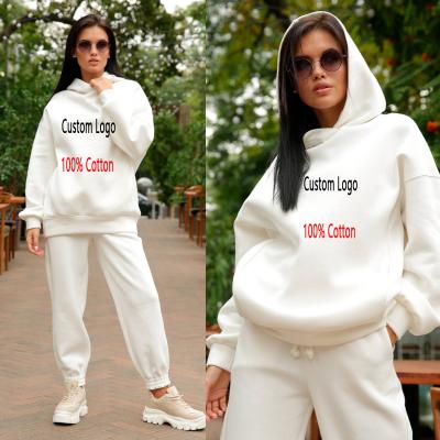 China Sustainable 100% Cotton Women Fashion Loose Fit OEM Logo Hoodie Autumn Winter Candy Color Workout Sweatshirt Set for sale