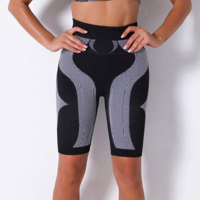 China Breathable Stripe High Waist Yoga Sport Shorts Women Gym Fitness Lift Up New Seamless Gaiters Running Workout Shaping Short Pant Bottoms for sale