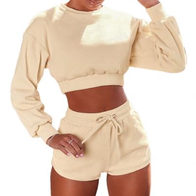 China 2PCS/Sets Rib Knitted Suits Solid High Waist Sexy QUICK DRY Tracksuit Top Shorts+Crop Casual Sports Women Set Sweatshirts Overall for sale