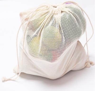 China Custom Organic Cotton Drawstring Food Product Bag Reusable Mesh Bag For Fruit Vegetable Grocery for sale