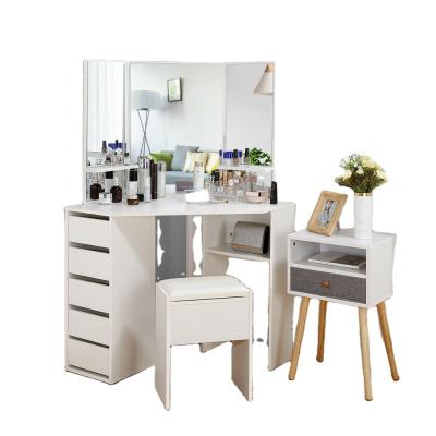 China (Other)Adjustable Modern White Dressing Table Vanity Table 5 Drawer 3 Panel White Corner Mirror With Stool for sale