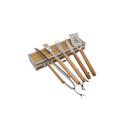 China Viable Special Design 5Pcs Stainless Steel Handle BBQ Accessories Stainless Steel BBQ Wooden Utensils With Bamboo Alumin Case Box for sale