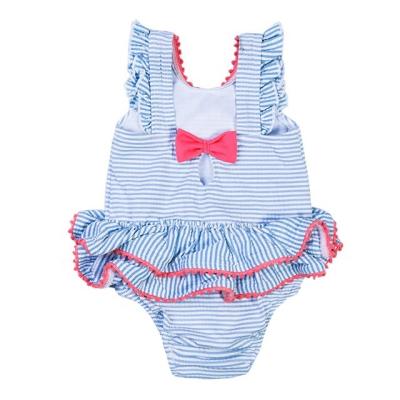 China Beautiful breathable Julysand one-piece light blue striped swimwear for baby with bow on neckline for sale