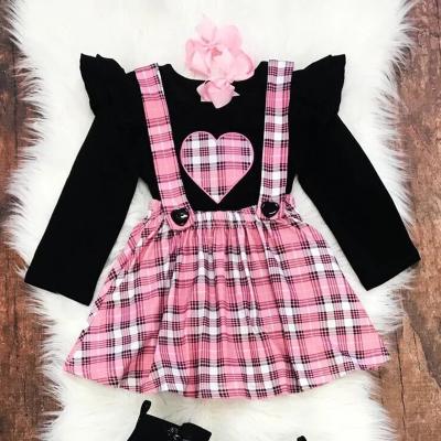 China Sweet 2897 Autumn Children Toddler Baby Clothes Set Long Sleeve Heart Top+Pink Plaid Ties Suspender Skirt Outfits Clothes Set for sale