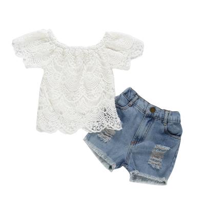 China 1449 Summer Casual Baby Clothes Sets Kid Short Sleeve Lace T-Shirt Tops Long Suit Jeans Denim Shorts 2Pcs Set Outfits Clothing Set for sale