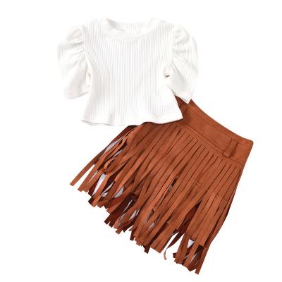 China Toddler Babies Summer Clothes Set Kid Breathable Sleeve 1121 Knitted T-shirts Tops+Tassel Skirt 2Pcs Kids Clothing Set for sale