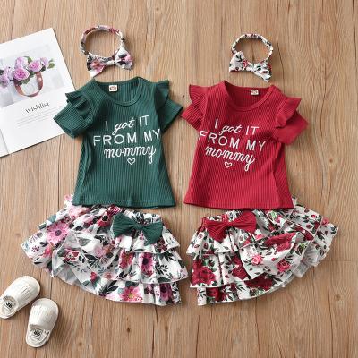 China 845 Breathable Baby Clothes Sets Summer Ruffle Short Sleeve T-Shirt Top+Flower Trims 3Pcs Headband Outfit Toddler Infant Clothing for sale