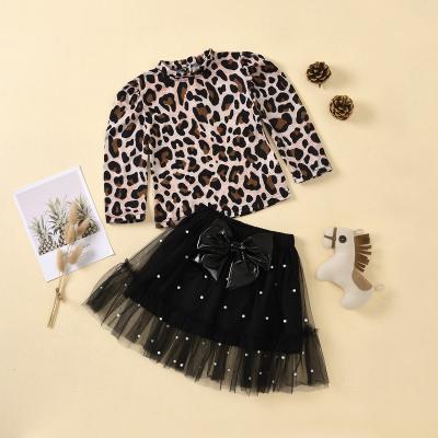 China lyc3441 1-7Y Autumn Kids Baby Girls Leopard Long Sleeve Clothes Sets 2pcs Sweater T-shirts Tops Pearl Lace Bow Tutu Skirts Costume for sale