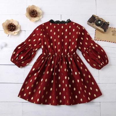 China New products lyc-3147 breathable girls trumpet sleeve lace collar polka dot print skirt children's waist dress stitching for sale