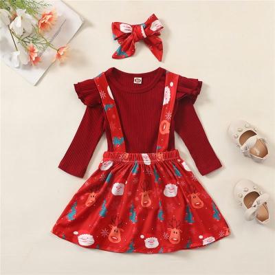 China 3061 Christmas Casual Baby Clothes Set Christmas Ruffles Long Sleeve Top+Deer Print Suspender Skirt Headband 3pcs Ribbed Clothing Set for sale